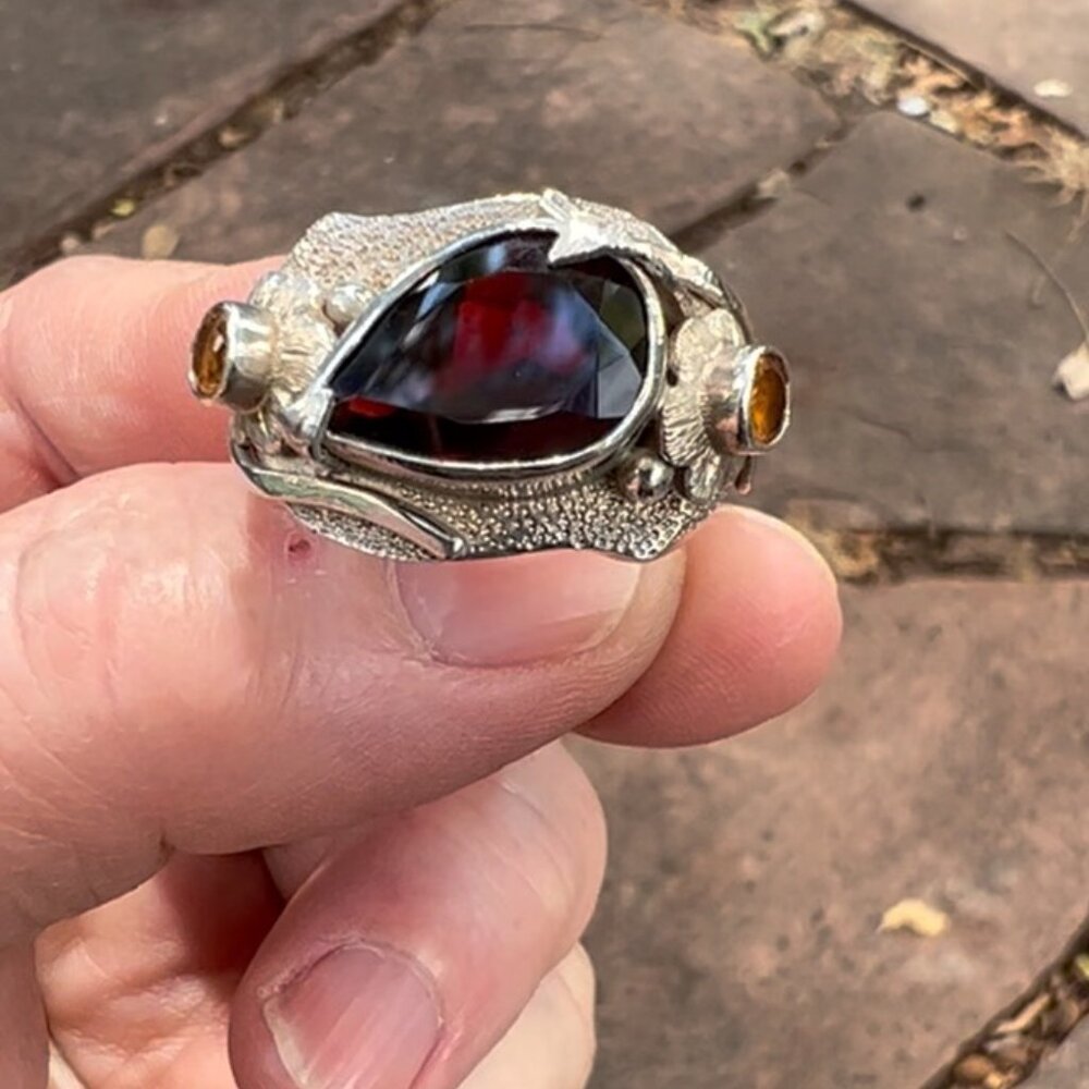 Red Garnet Grossular Garnets Sterling Silver Carved Flower Ring US Sz 8.5 - Picture 9 of 9